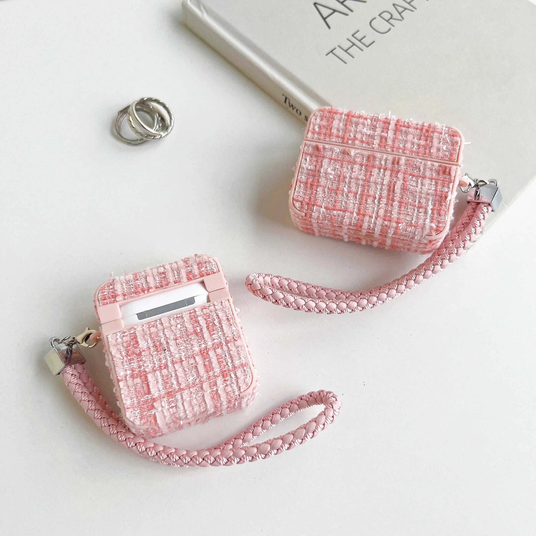 Fabric Square Design Airpod Case With Holder String