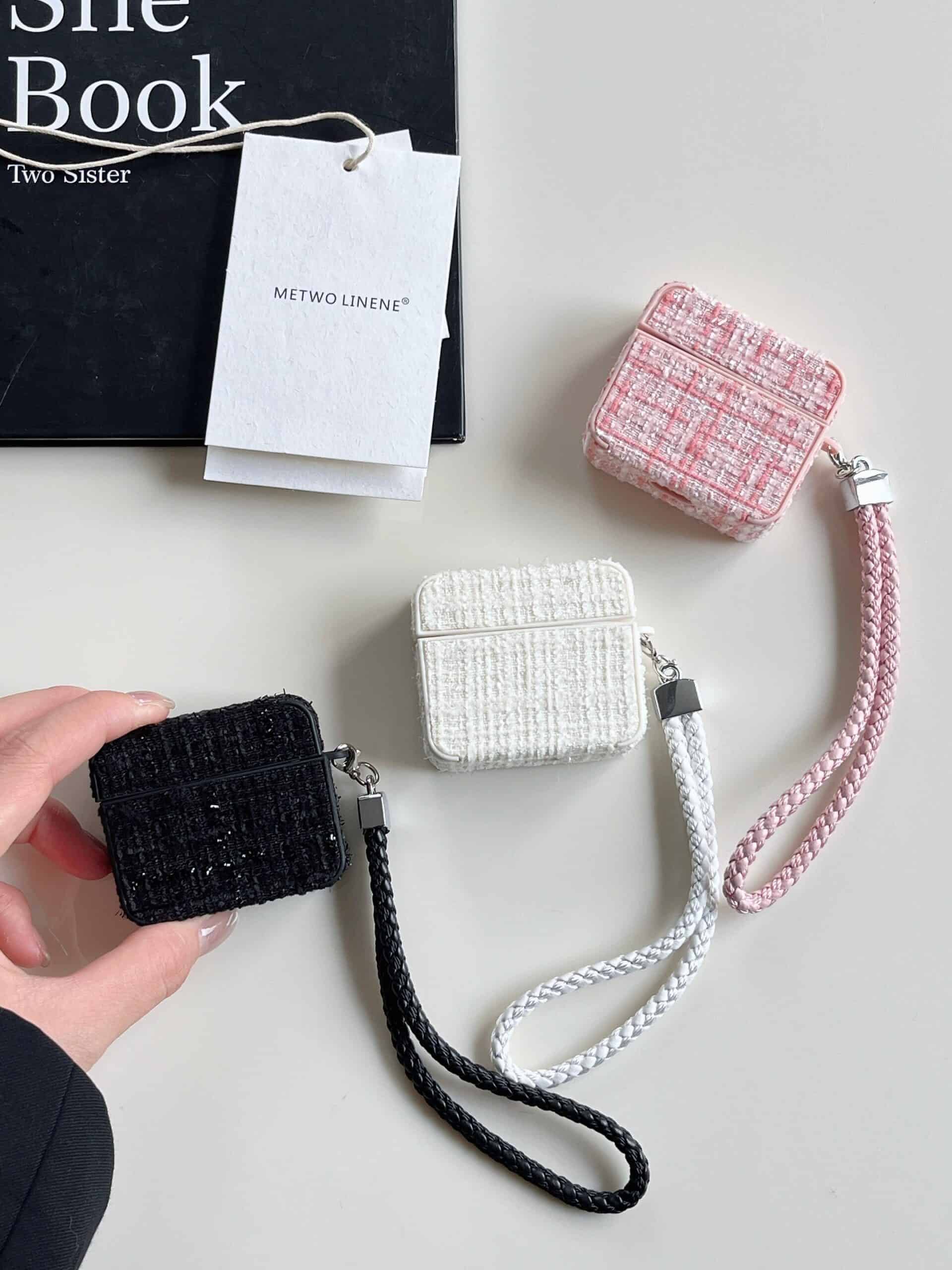 Fabric Square Design Airpod Case With Holder String