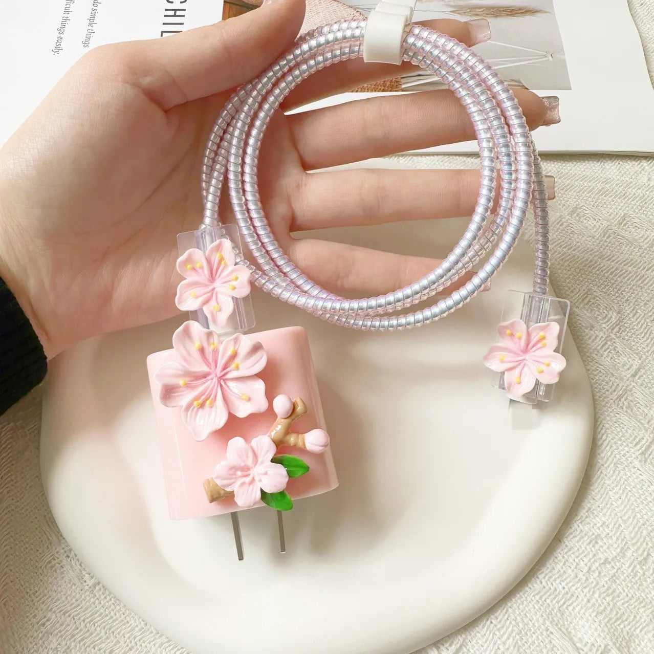 Pink 3D Fancy Floral Flower iPhone Adapter Charger Cable Wire Protector Set