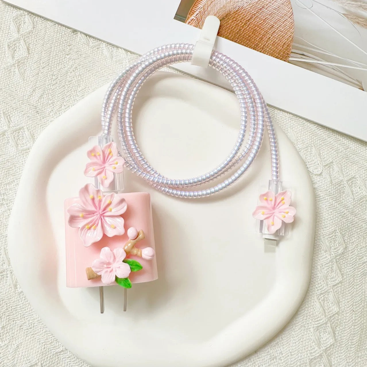 Pink 3D Fancy Floral Flower iPhone Adapter Charger Cable Wire Protector Set