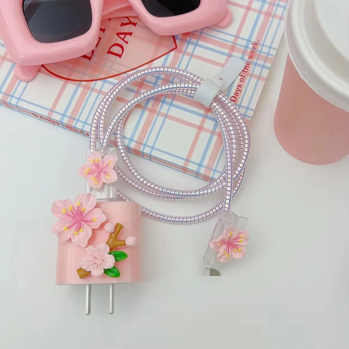 Pink 3D Fancy Floral Flower iPhone Adapter Charger Cable Wire Protector Set