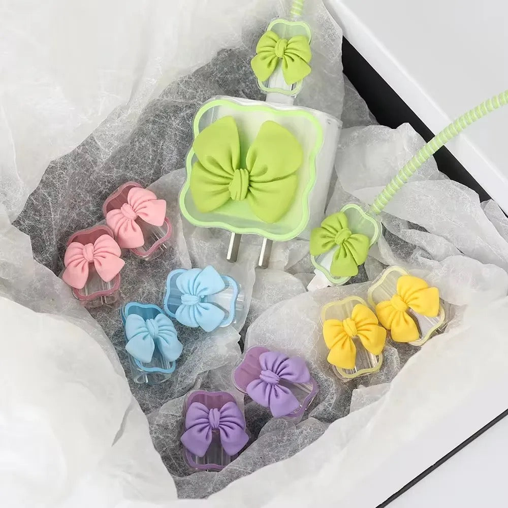 Wavy Edge Cute Bow Candy Colors Trendy iPhone Adapter Charger Cable Wire Protector Set