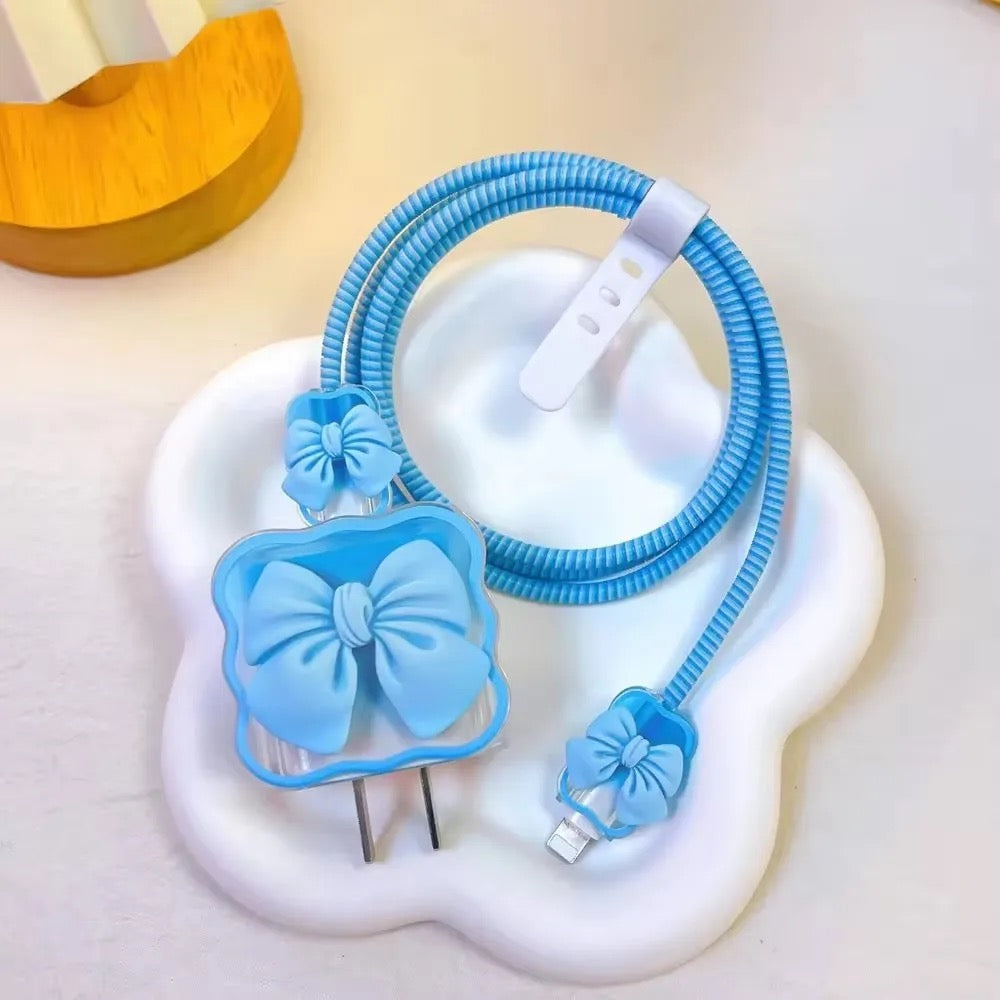 Wavy Edge Cute Bow Candy Colors Trendy iPhone Adapter Charger Cable Wire Protector Set