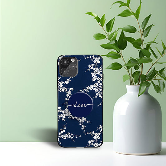 Dark White Floral Flower Phone Holder Glossy Metal Bumper Case