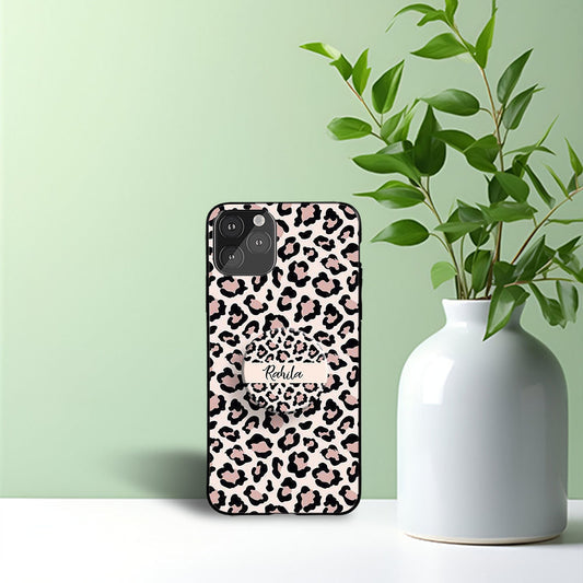 Leopard Black Phone Holder Glossy Metal Bumper Case
