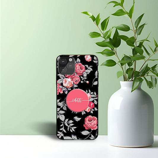Pink Black Floral Phone Holder Glossy Metal Bumper Case