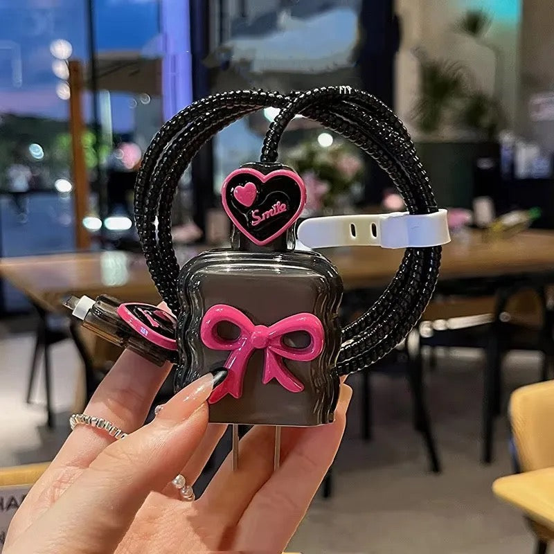 Pink Cute 3D Bow Black iPhone Adapter Charger Cable Wire Protector Set