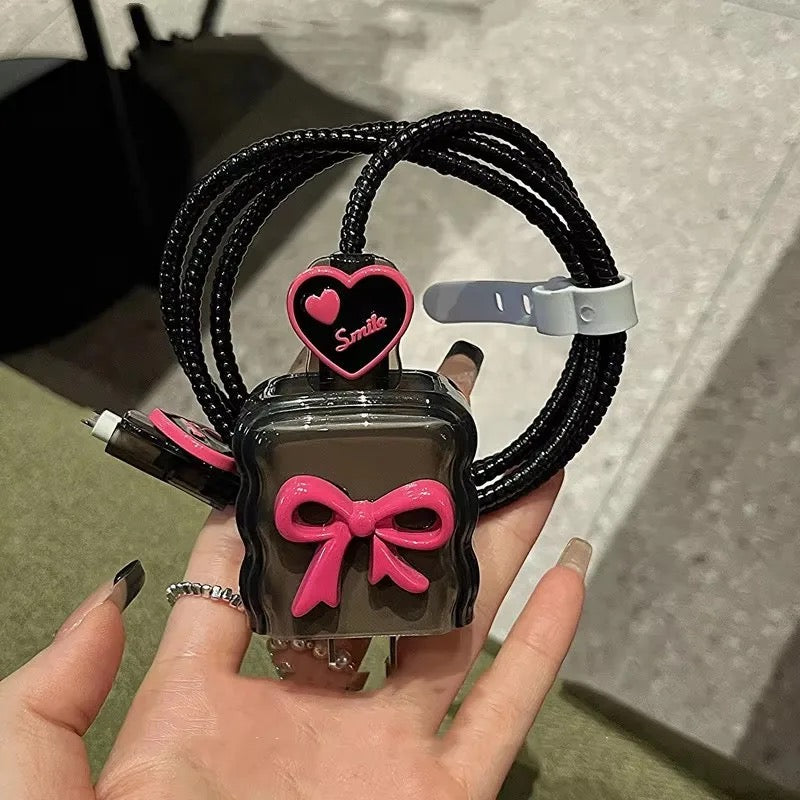 Pink Cute 3D Bow Black iPhone Adapter Charger Cable Wire Protector Set