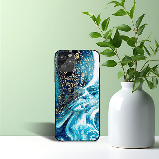 Golden Blue Peacock Marble Phone Holder Glossy Metal Bumper Case