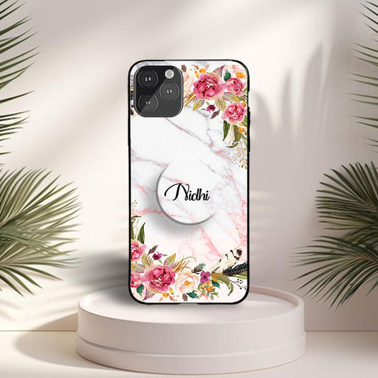 White Marble Floral Phone Holder Glossy Metal Bumper Case