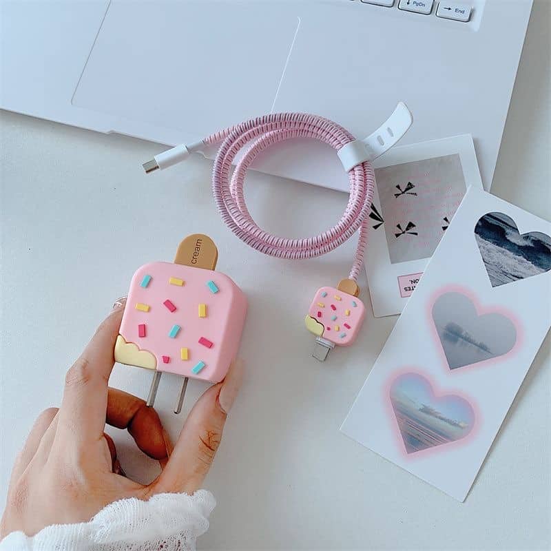 Pink Ice Cream iPhone Charger Set With Wire Protection