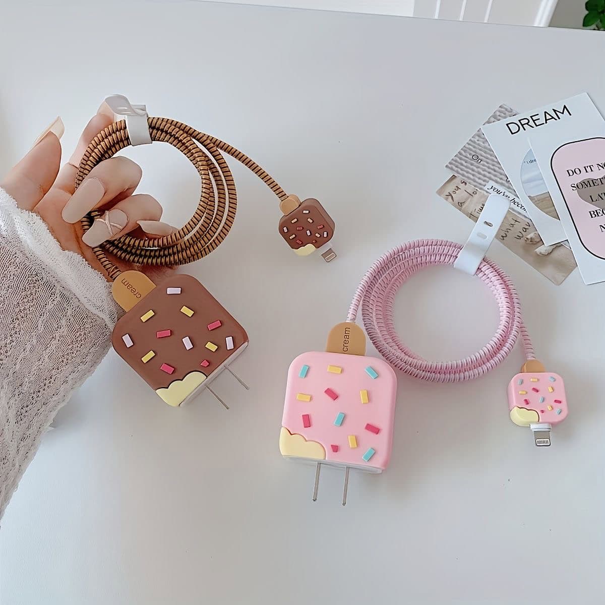 Pink Ice Cream iPhone Charger Set With Wire Protection