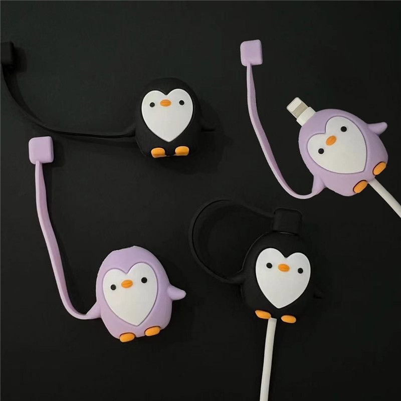 Cute Penguin Cartoon Wire Protector Saver With Dust Cap