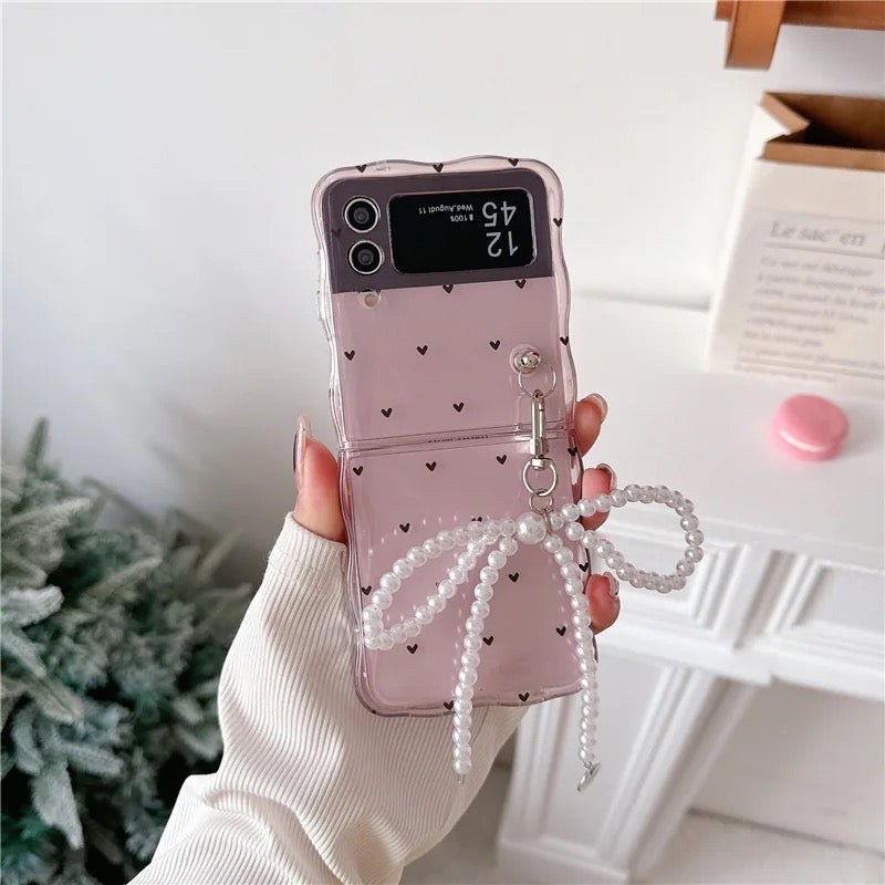 Cute Pink Hearts Bow Pearl Holder Samsung Z Flip Cases