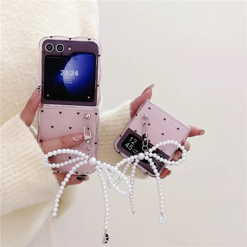 Cute Pink Hearts Bow Pearl Holder Samsung Z Flip Cases