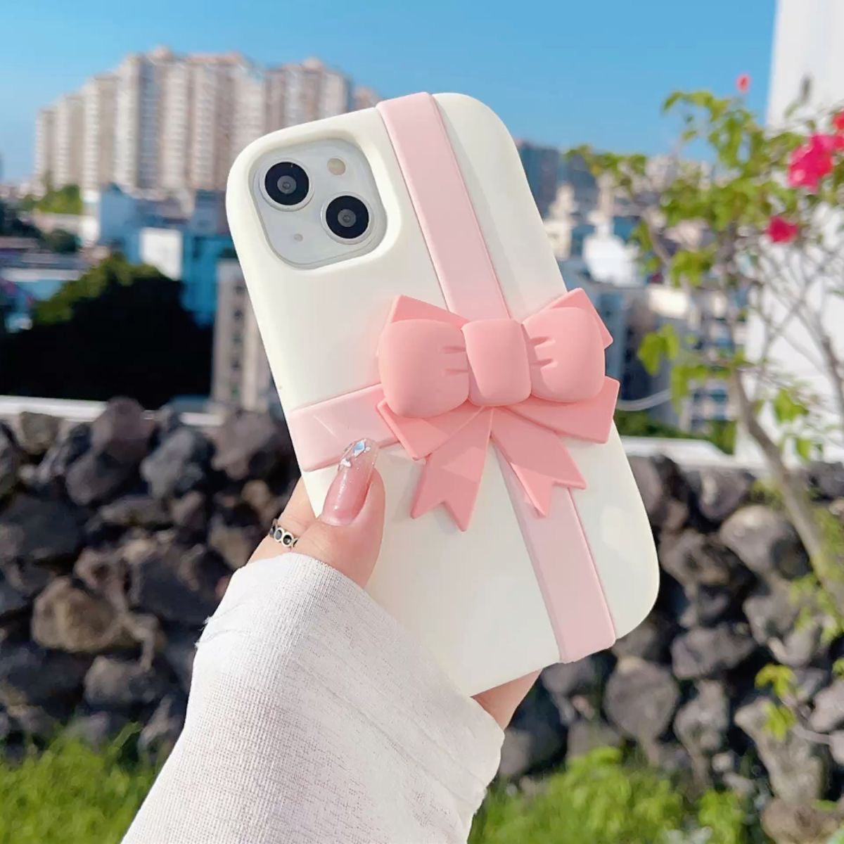 Cute Pink Bow 3D Silicone Rubber White iPhone Case