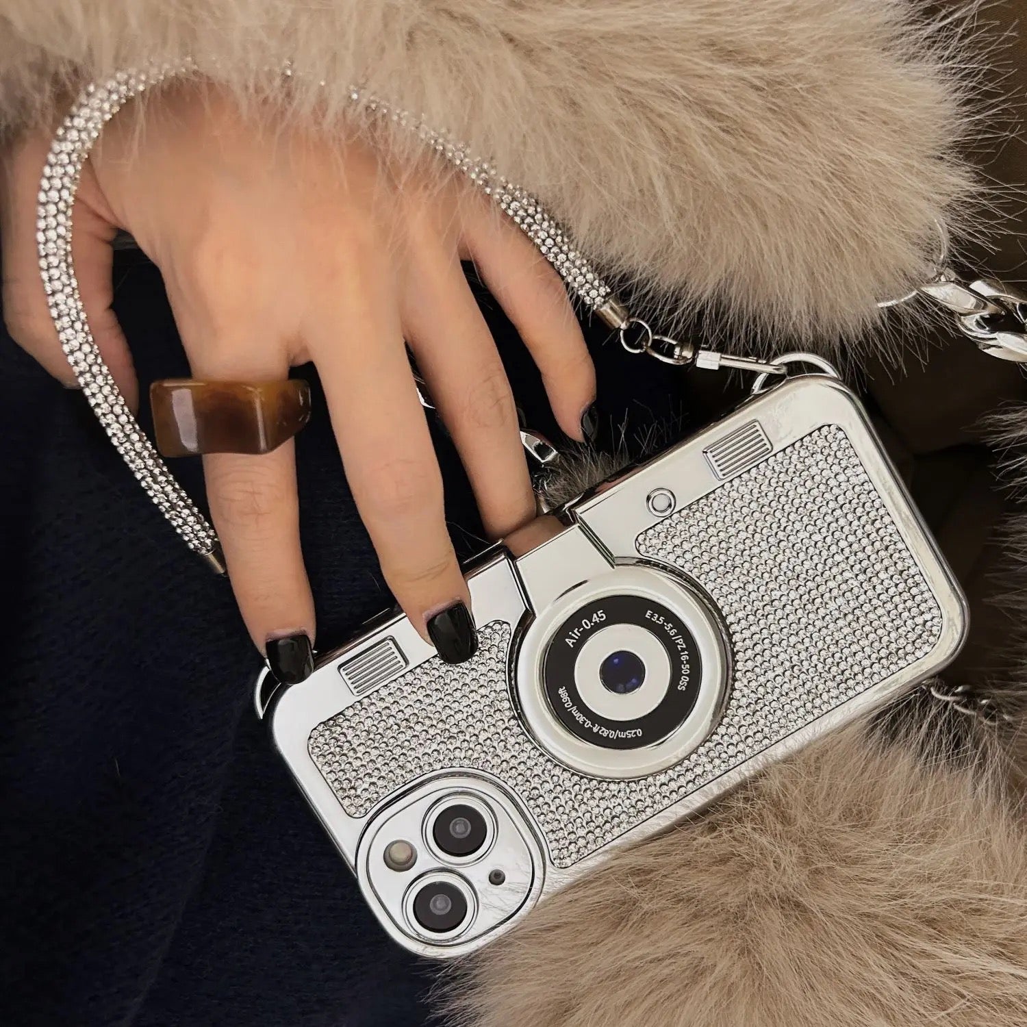 3D Retro Camera Crystal Studded Diamond Handbag Bracelet iPhone Case For iPhone 15