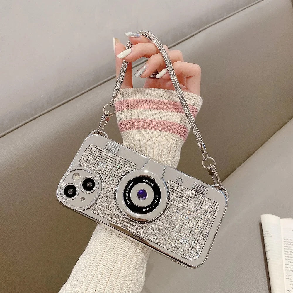 3D Retro Camera Crystal Studded Diamond Handbag Bracelet iPhone Case For iPhone 15