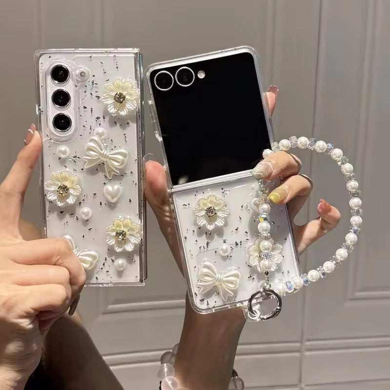 3D White Flower Pearl Bow Glitter Lanyard Bracelet Chain Samsung Z Flip Fold Pre-Order Case