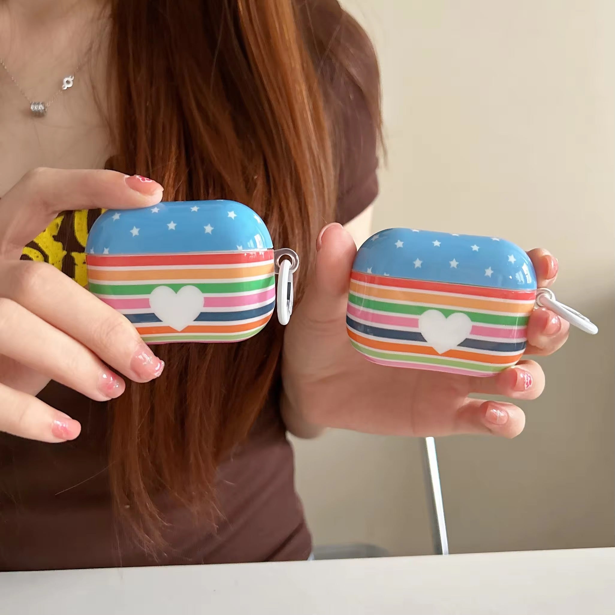 Multicolor Striped Heart Glossy Airpod Pre-Order Case With Ring
