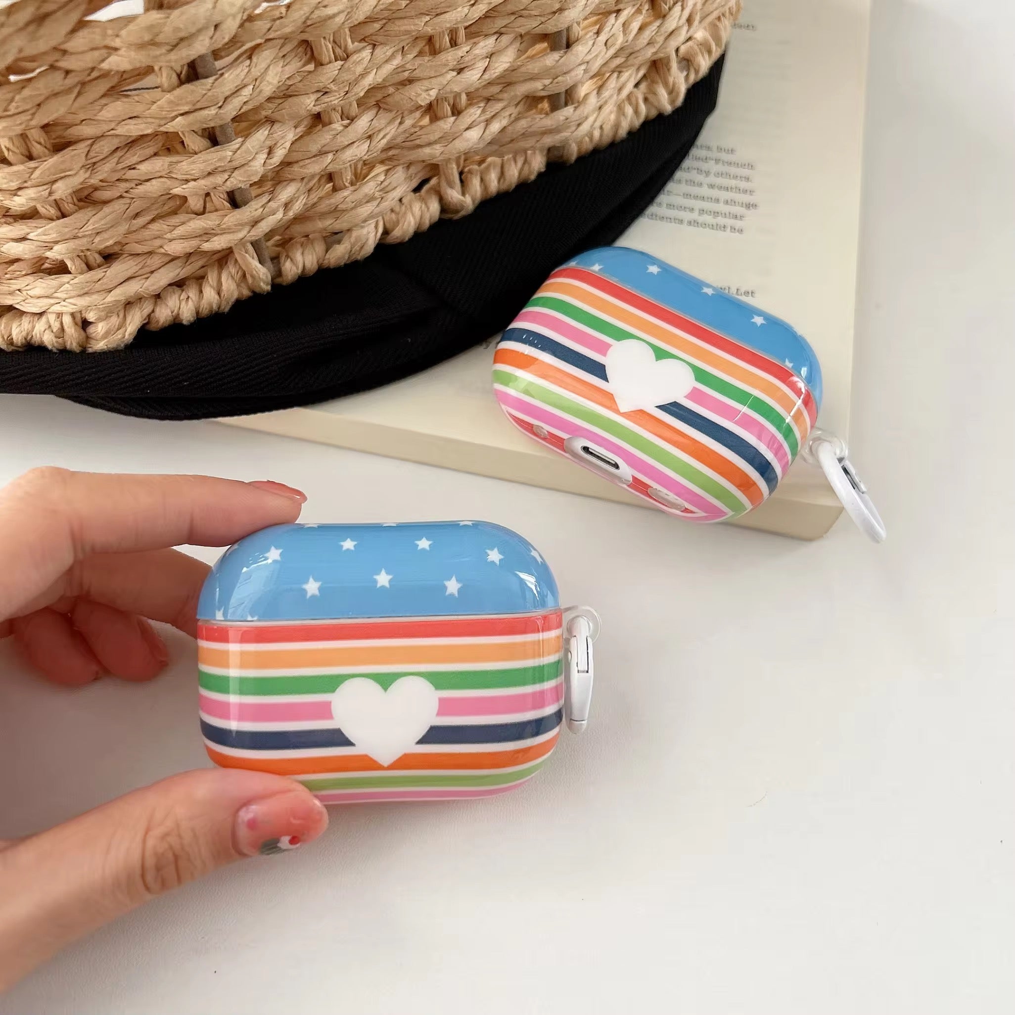 Multicolor Striped Heart Glossy Airpod Pre-Order Case With Ring