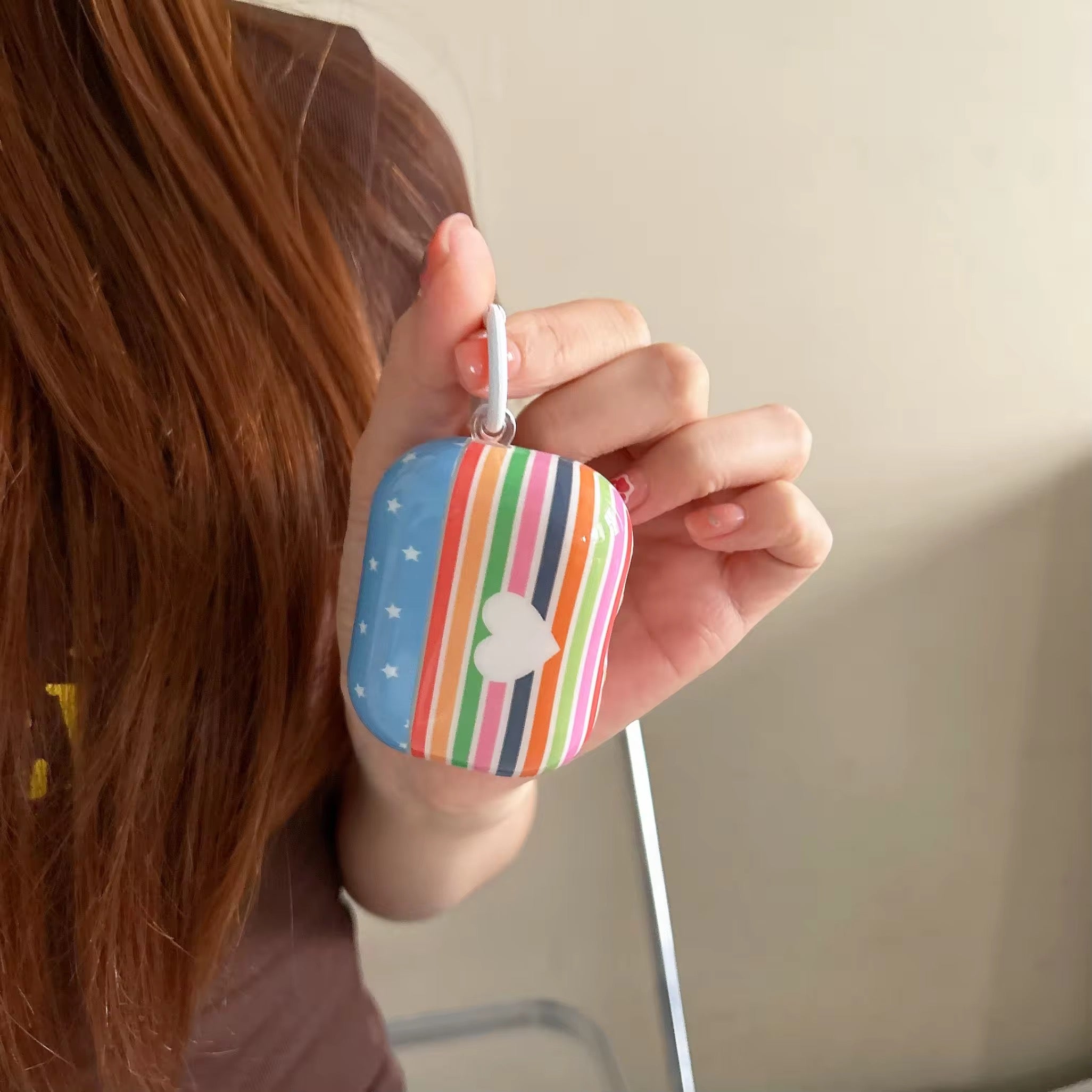 Multicolor Striped Heart Glossy Airpod Pre-Order Case With Ring