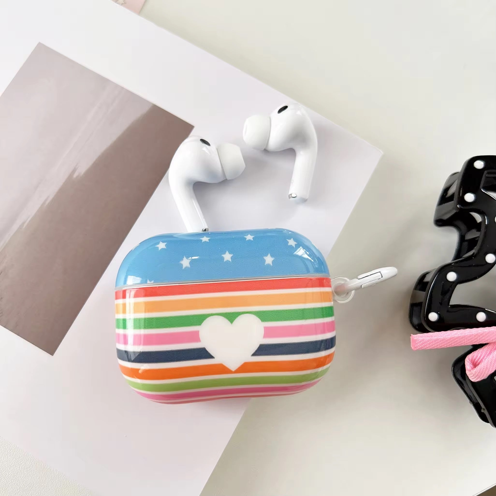 Multicolor Striped Heart Glossy Airpod Pre-Order Case With Ring