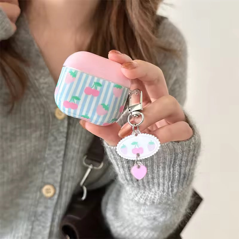 Blue Stripes Cherry Glossy Airpod Pre-Order Case With Bracelet