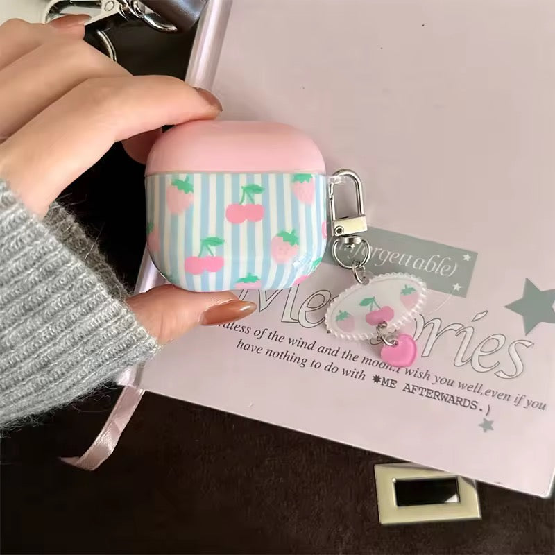 Blue Stripes Cherry Glossy Airpod Pre-Order Case With Bracelet