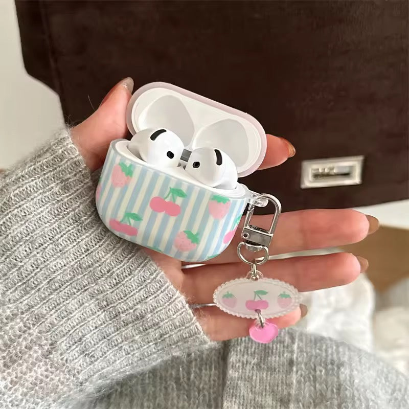 Blue Stripes Cherry Glossy Airpod Pre-Order Case With Bracelet