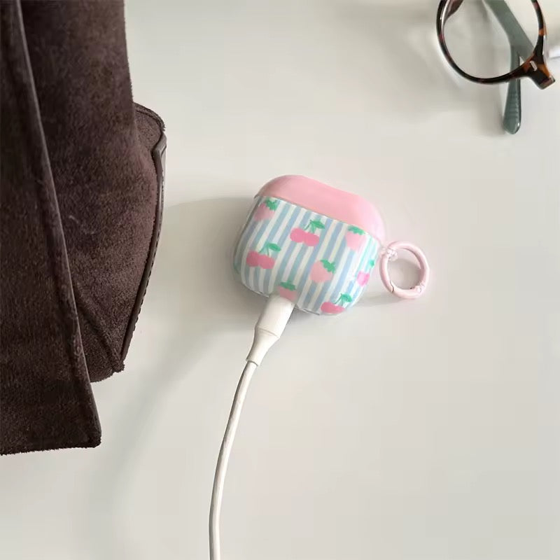 Blue Stripes Cherry Glossy Airpod Pre-Order Case With Bracelet