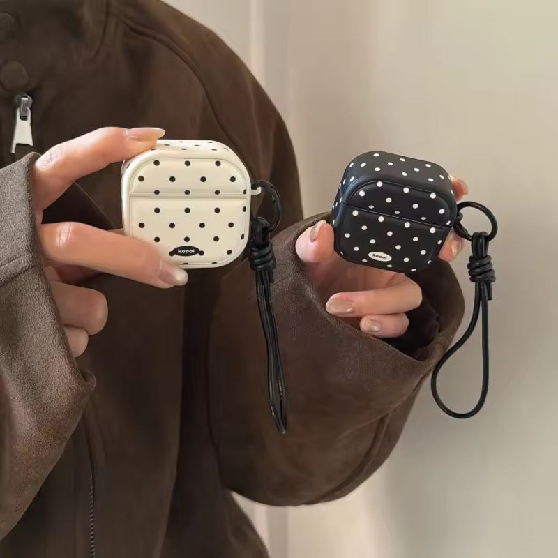 Black White Polka Dots Leather Airpod Pre-Order Case With Hanging