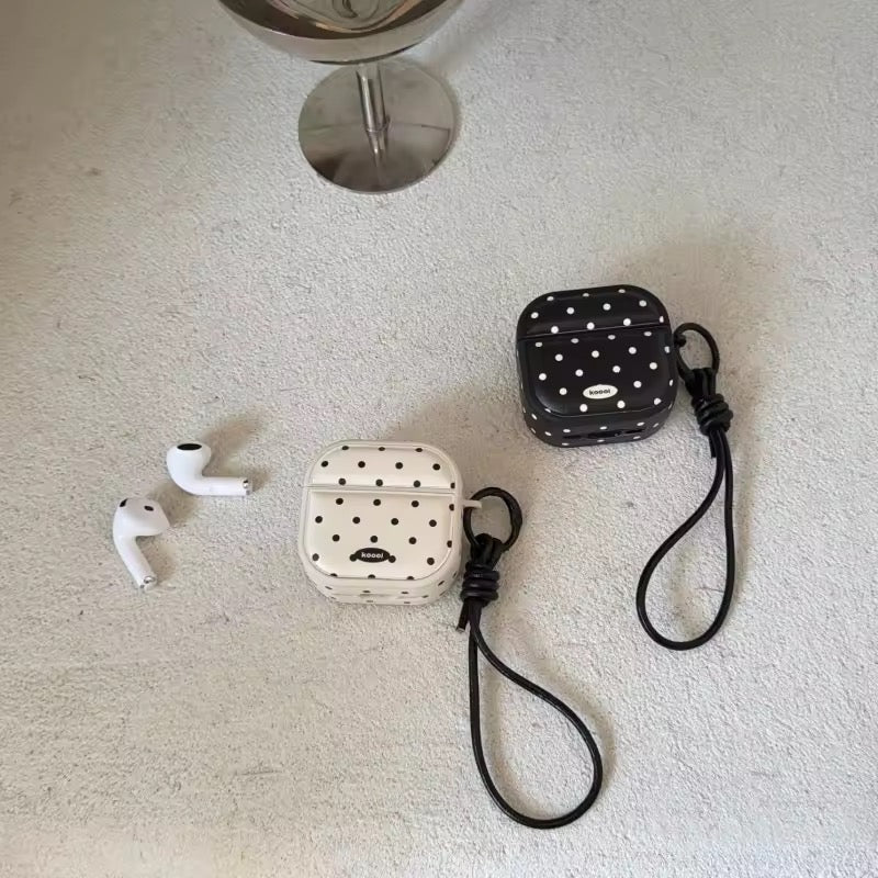 Black White Polka Dots Leather Airpod Pre-Order Case With Hanging