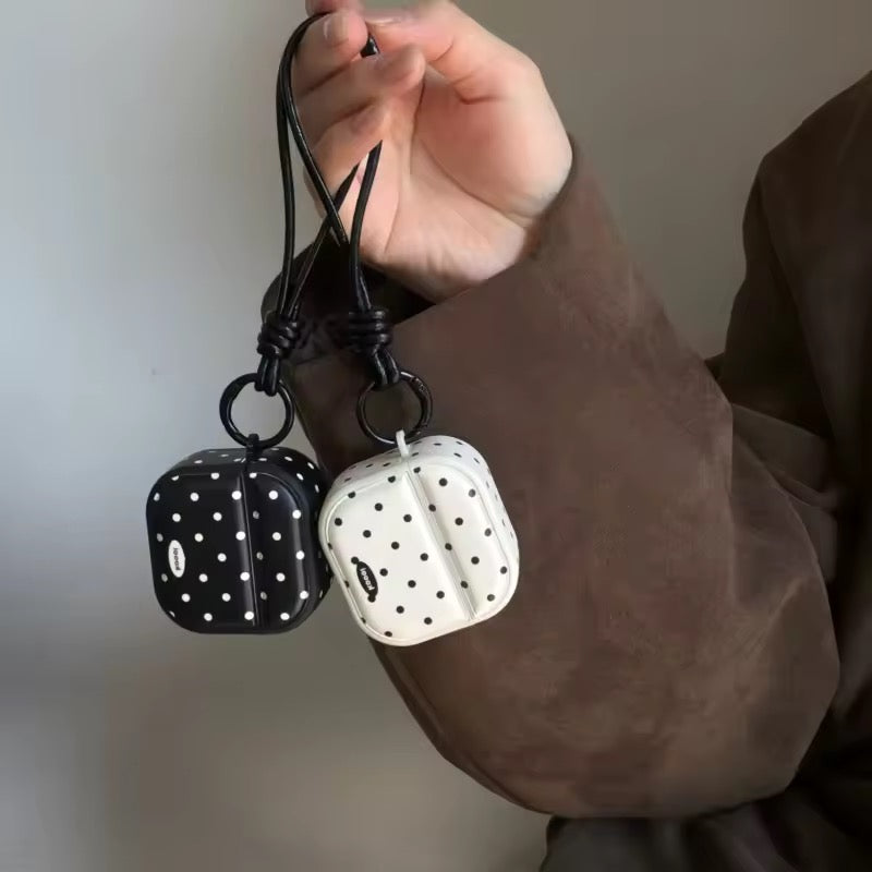 Black White Polka Dots Leather Airpod Pre-Order Case With Hanging