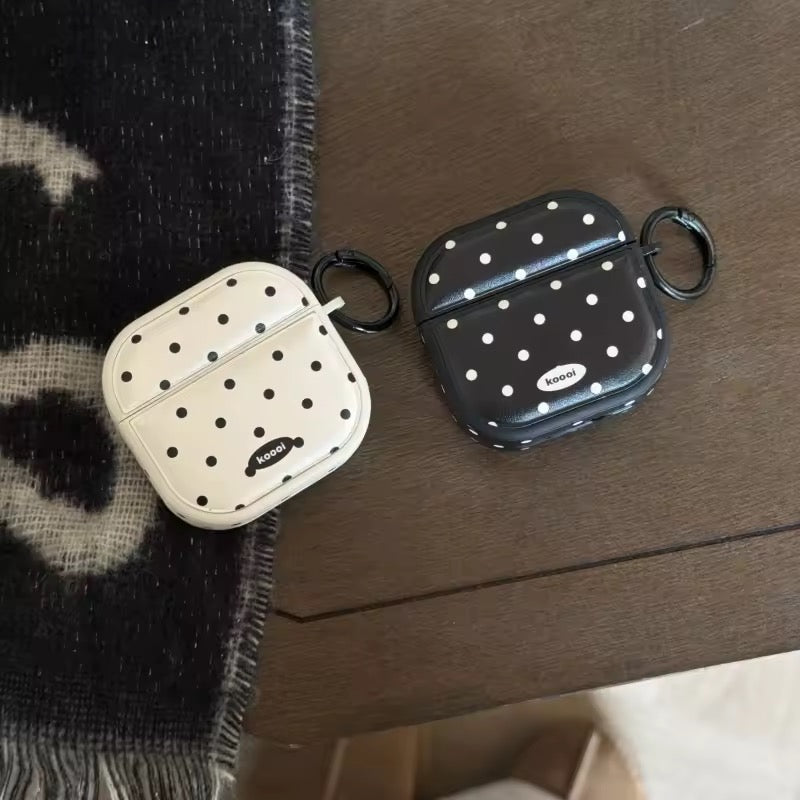 Black White Polka Dots Leather Airpod Pre-Order Case With Hanging
