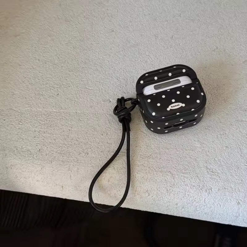 Black White Polka Dots Leather Airpod Pre-Order Case With Hanging
