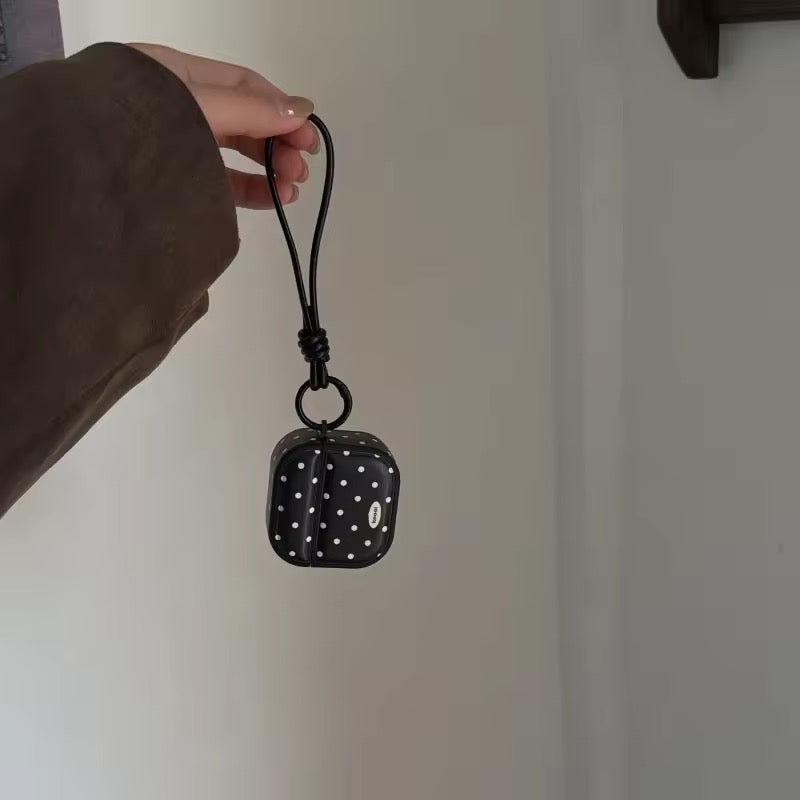 Black White Polka Dots Leather Airpod Pre-Order Case With Hanging