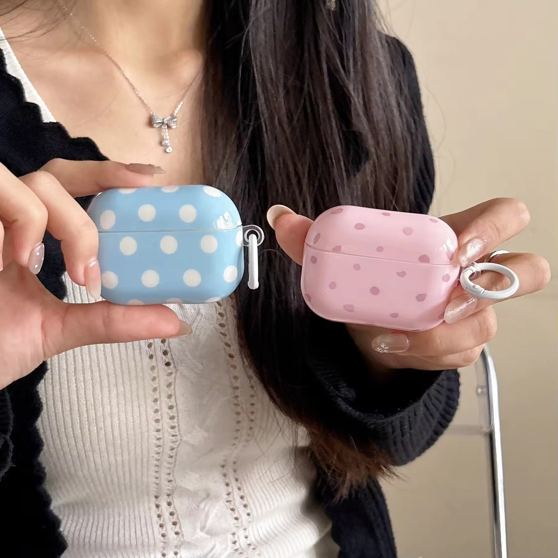 Pink Blue Polka Dots Glossy Airpod Pre-Order Case With Ring