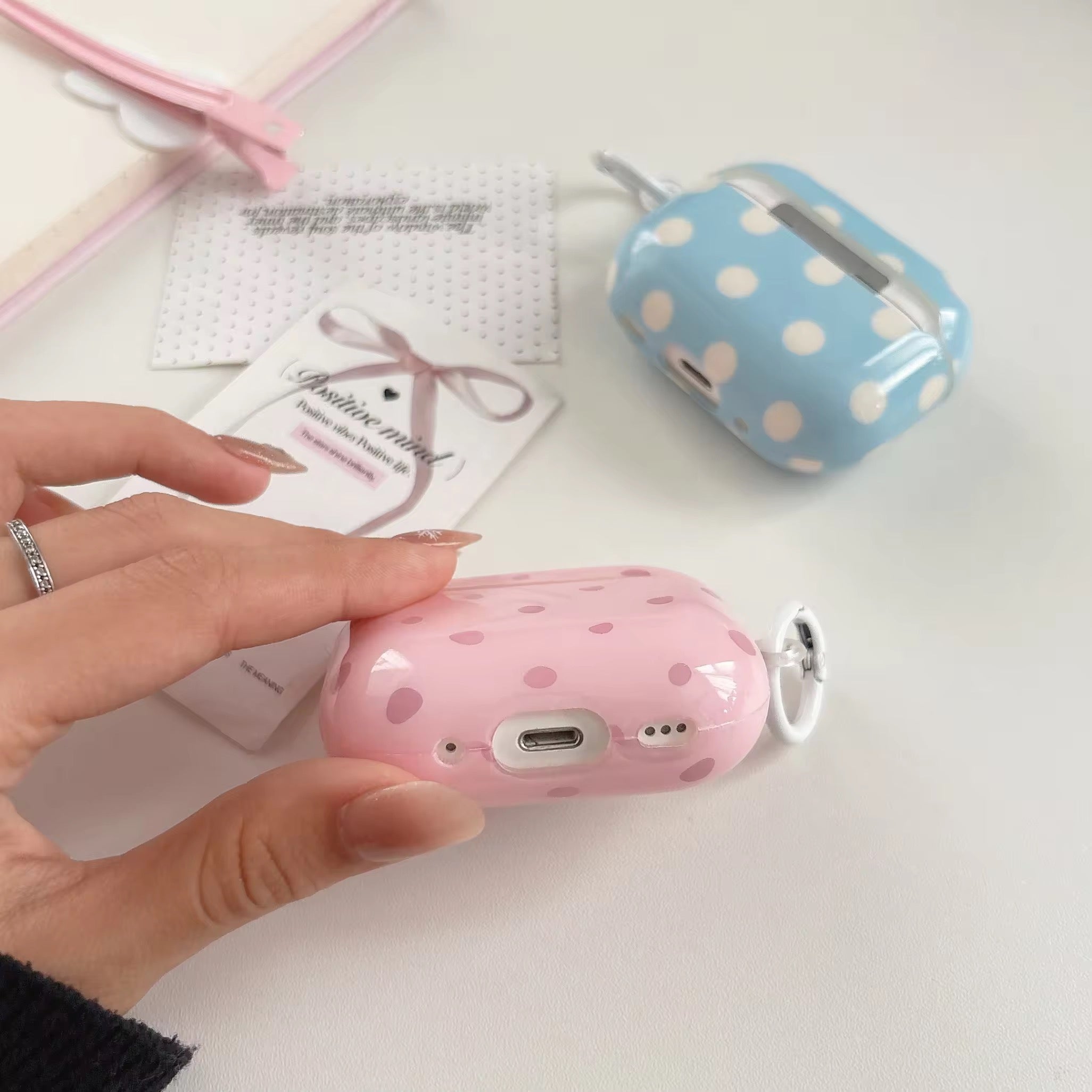 Pink Blue Polka Dots Glossy Airpod Pre-Order Case With Ring
