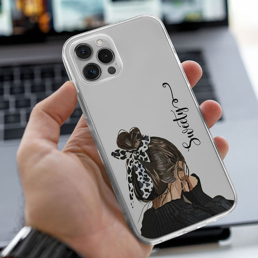 Black & White Scrunchie Girl Portrait Name Initial Transparent Custom Slim Soft Cases