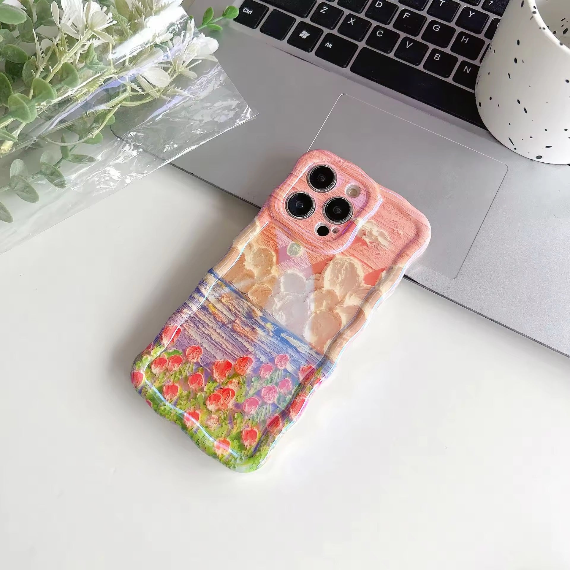 3D Sunset Grass Wavy Border Floral Flower Holographic Soft Silicone iPhone Case