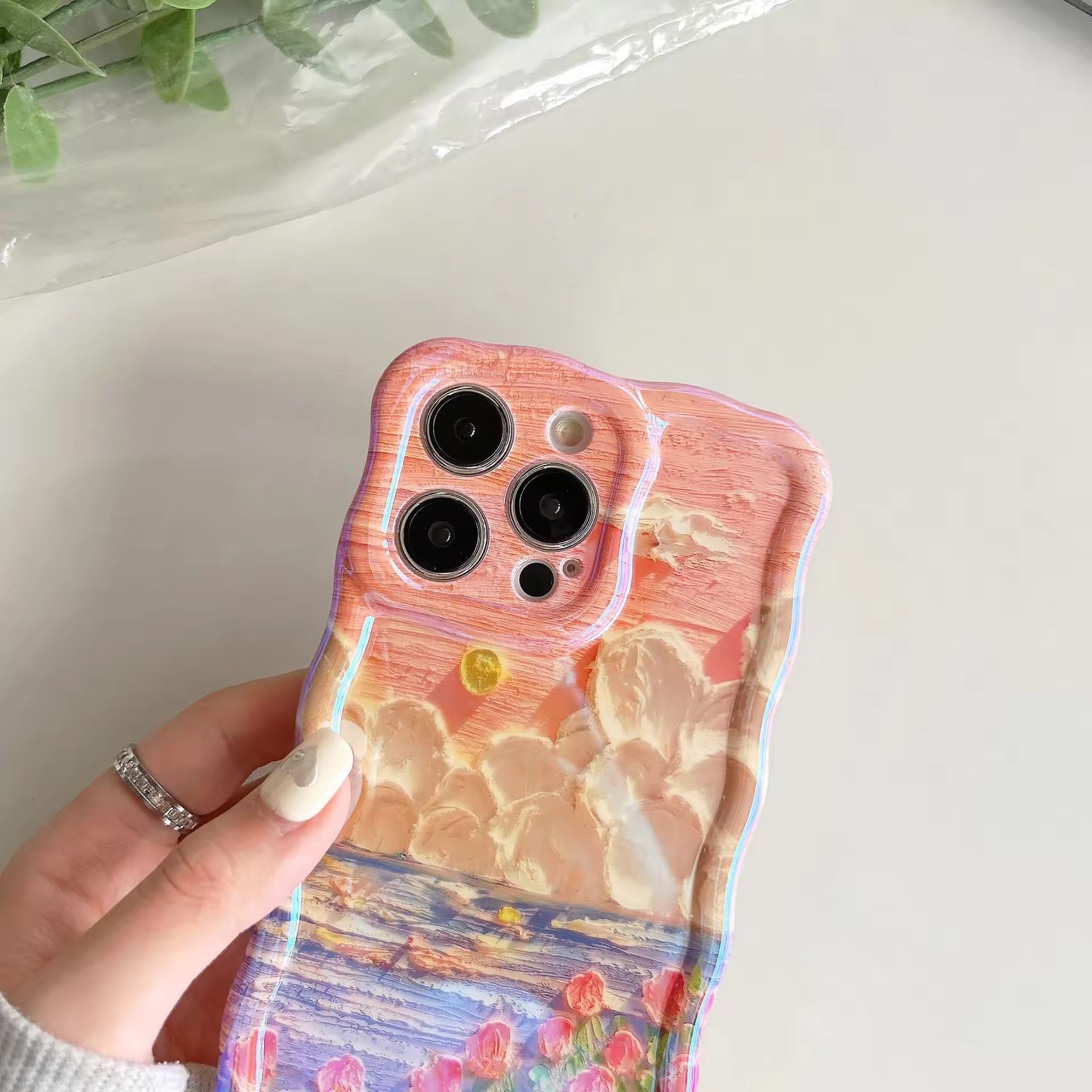 3D Sunset Grass Wavy Border Floral Flower Holographic Soft Silicone iPhone Case