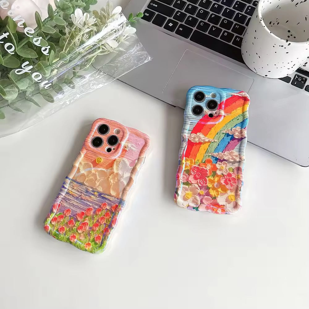 3D Sunset Grass Wavy Border Floral Flower Holographic Soft Silicone iPhone Case