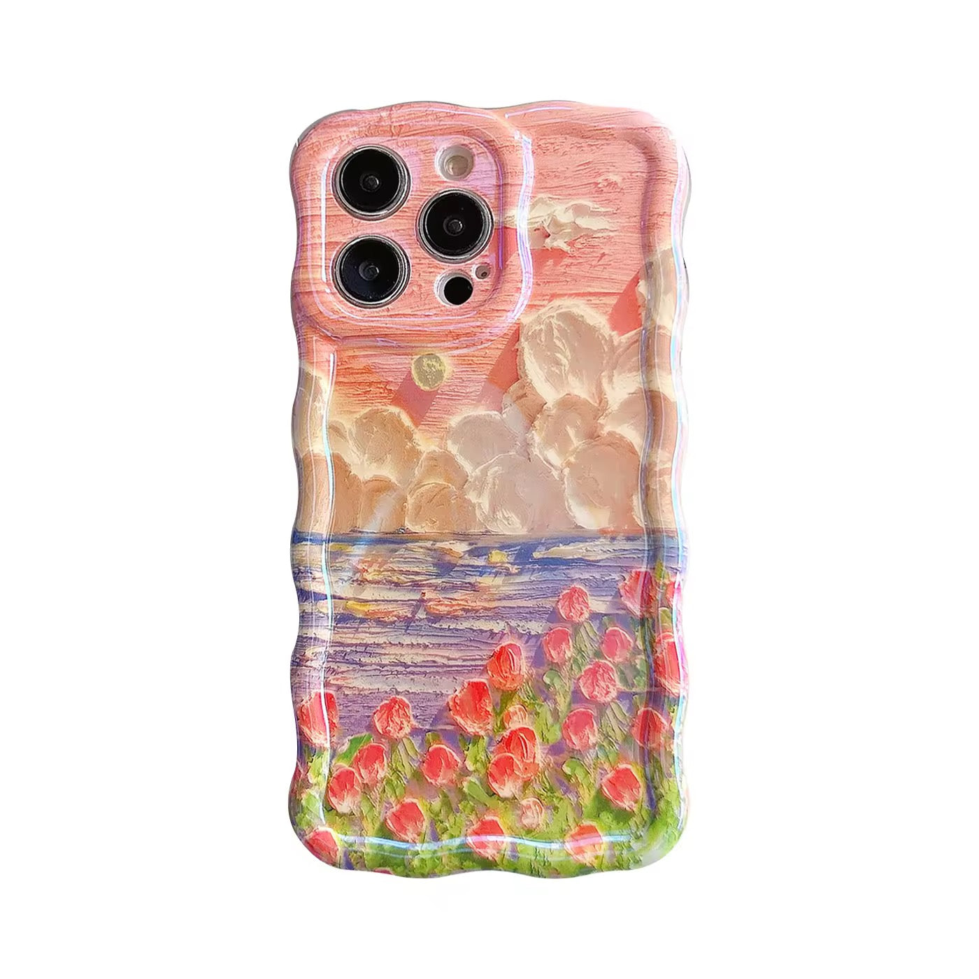 3D Sunset Grass Wavy Border Floral Flower Holographic Soft Silicone iPhone Case