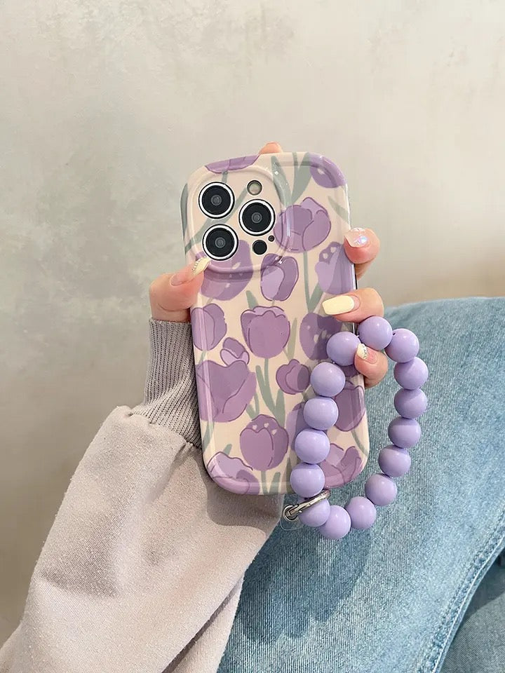 Purple Floral Tulip Glossy Soft Silicone Case With Ring Stand