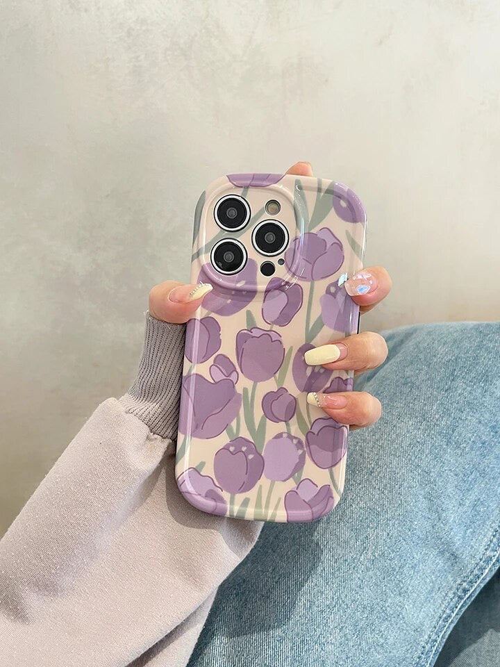 Purple Floral Tulip Glossy Soft Silicone Case With Ring Stand