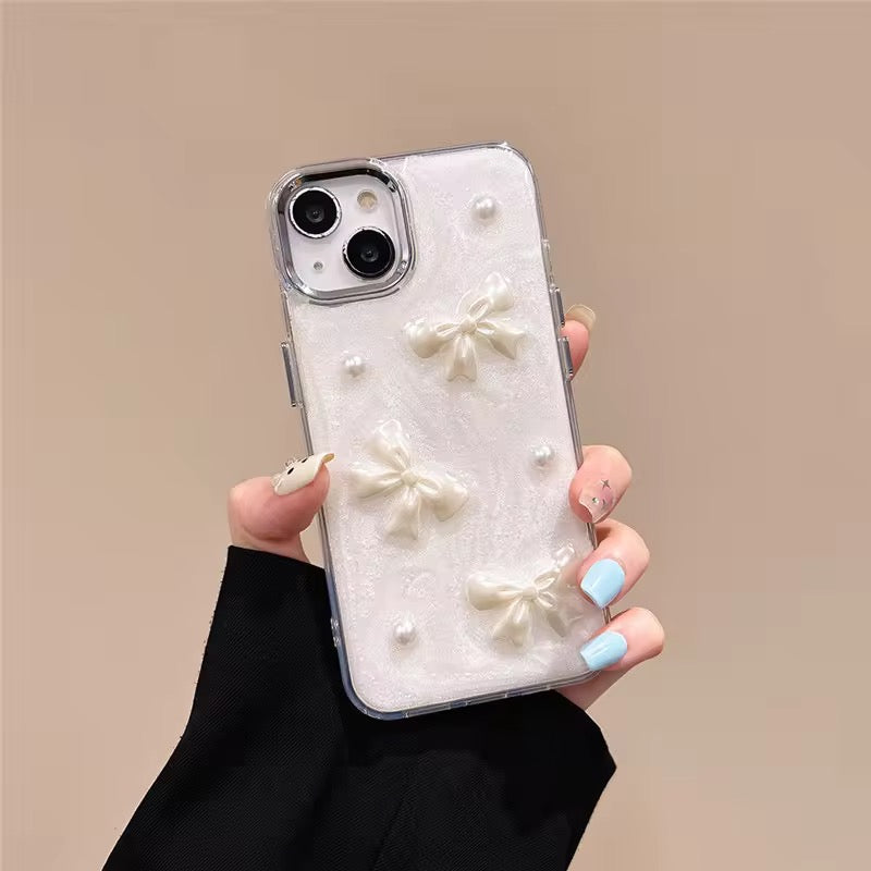 3D White Bow Circle Diamond Studded Bumper Border iPhone Soft Case