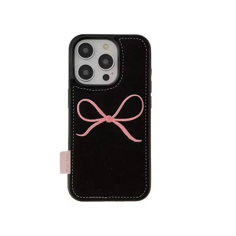 Cute Black Pink Bow Fabric iPhone Silicone Bumper Case