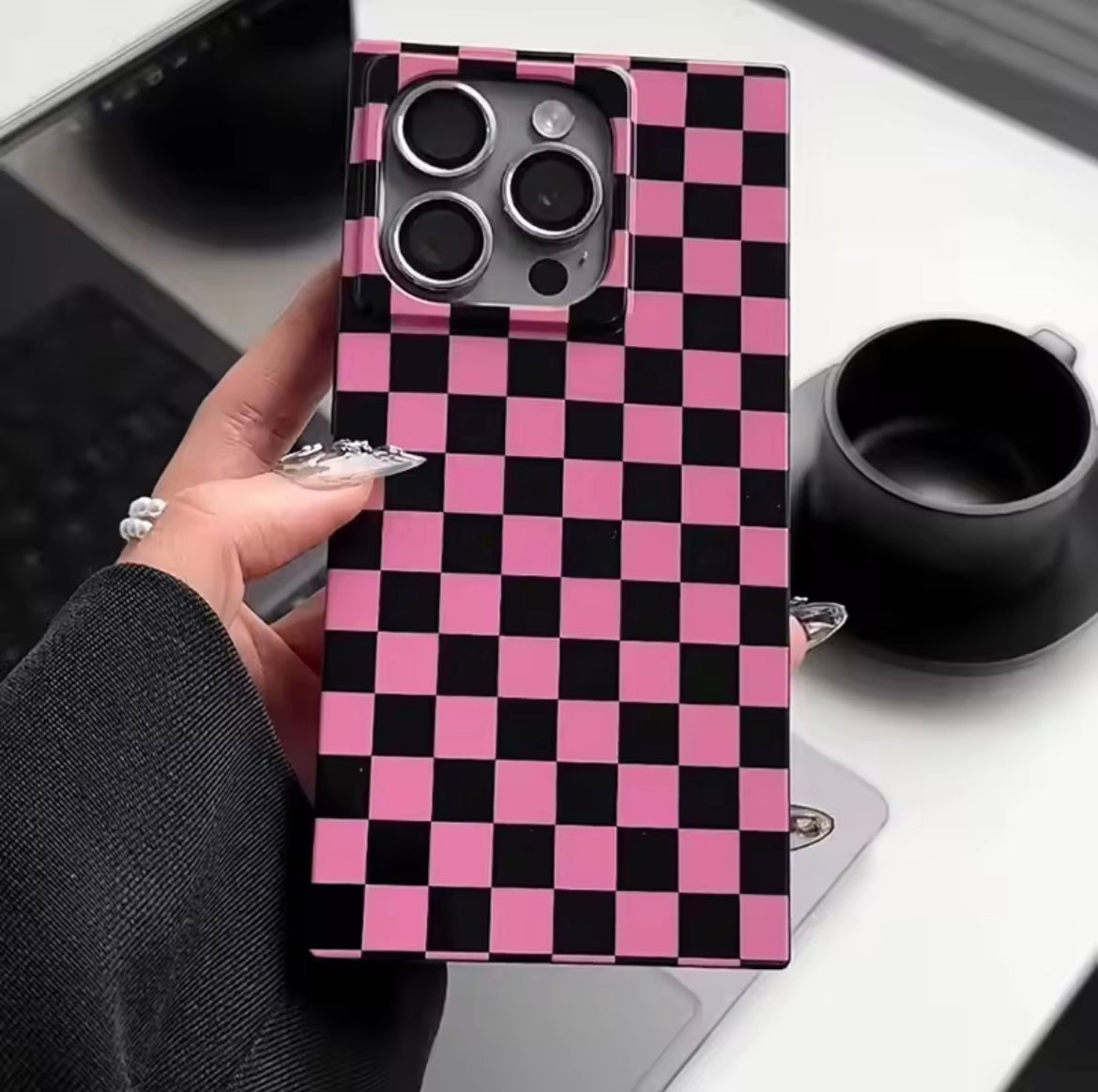 Square Pink Black Plaid Glossy Shockproof Silicone  iPhone Case
