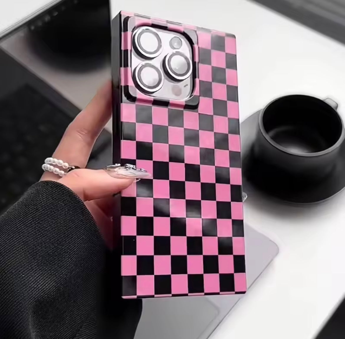 Square Pink Black Plaid Glossy Shockproof Silicone  iPhone Case